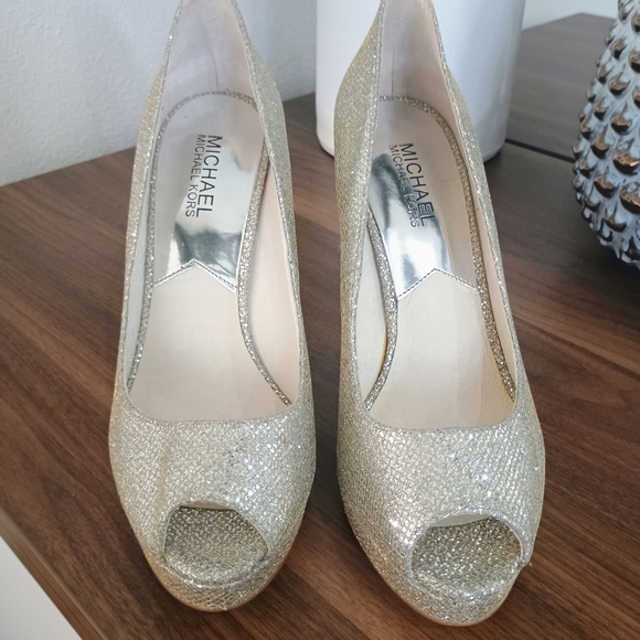 Michael Kors Glittering Silver Peep-Toe Heels - Picture 2 of 9